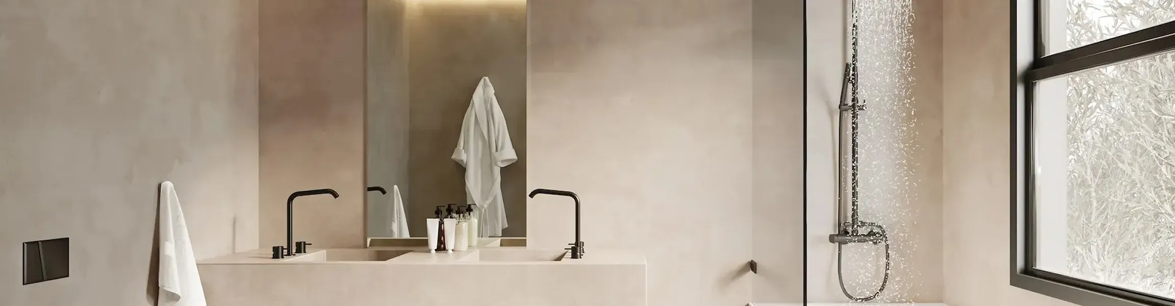 Modernes Bad in Beigetönen mit Doppelwaschtisch, schwarzen Armaturen, großem Spiegel und einer verglasten Dusche.
